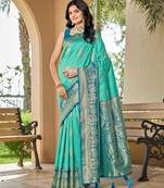 Women's ethnic banarasi silk blend saree | turquoise color with same border for festive & bridal functions