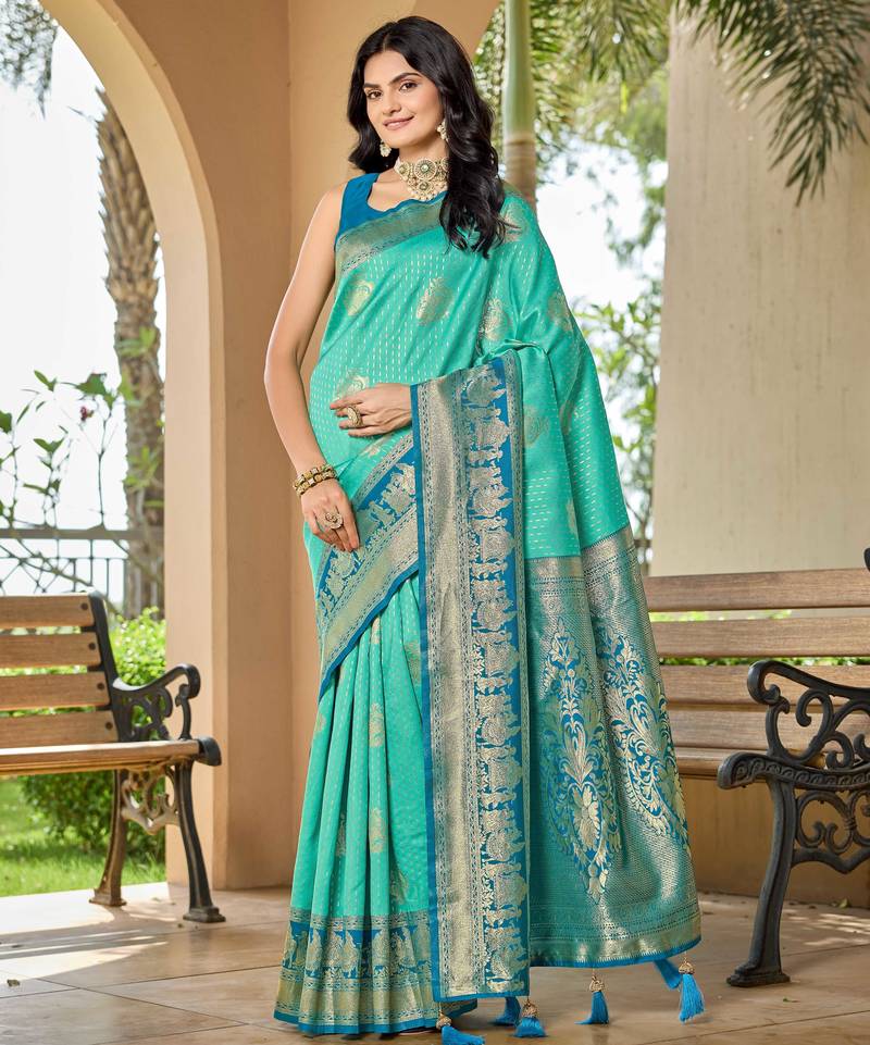 Women's ethnic banarasi silk blend saree | turquoise color with same border for festive & bridal functions
