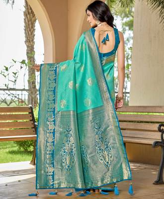 Women's ethnic banarasi silk blend saree | turquoise color with same border for festive & bridal functions 2