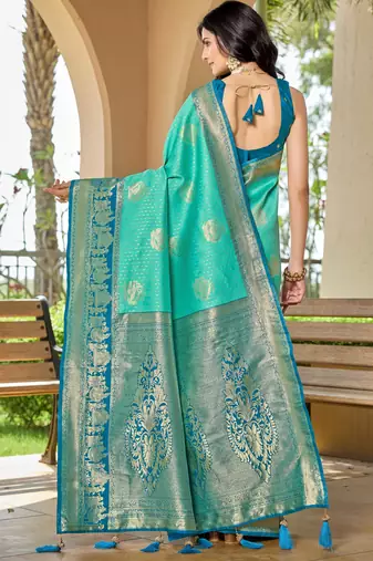 Women's ethnic banarasi silk blend saree | turquoise color with same border for festive & bridal functions