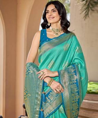 Women's ethnic banarasi silk blend saree | turquoise color with same border for festive & bridal functions 3