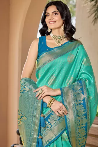 Women's ethnic banarasi silk blend saree | turquoise color with same border for festive & bridal functions