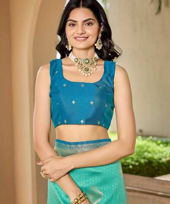 Women's ethnic banarasi silk blend saree | turquoise color with same border for festive & bridal functions 4