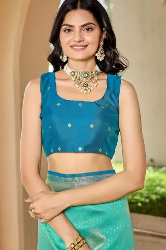 Women's ethnic banarasi silk blend saree | turquoise color with same border for festive & bridal functions