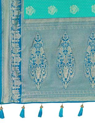 Women's ethnic banarasi silk blend saree | turquoise color with same border for festive & bridal functions 5