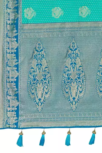 Women's ethnic banarasi silk blend saree | turquoise color with same border for festive & bridal functions