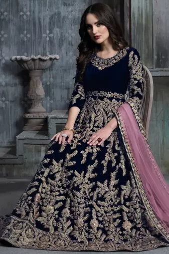 blue color semi stich cording work velvet anarkali gwon