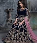blue color semi stich cording work velvet anarkali gwon