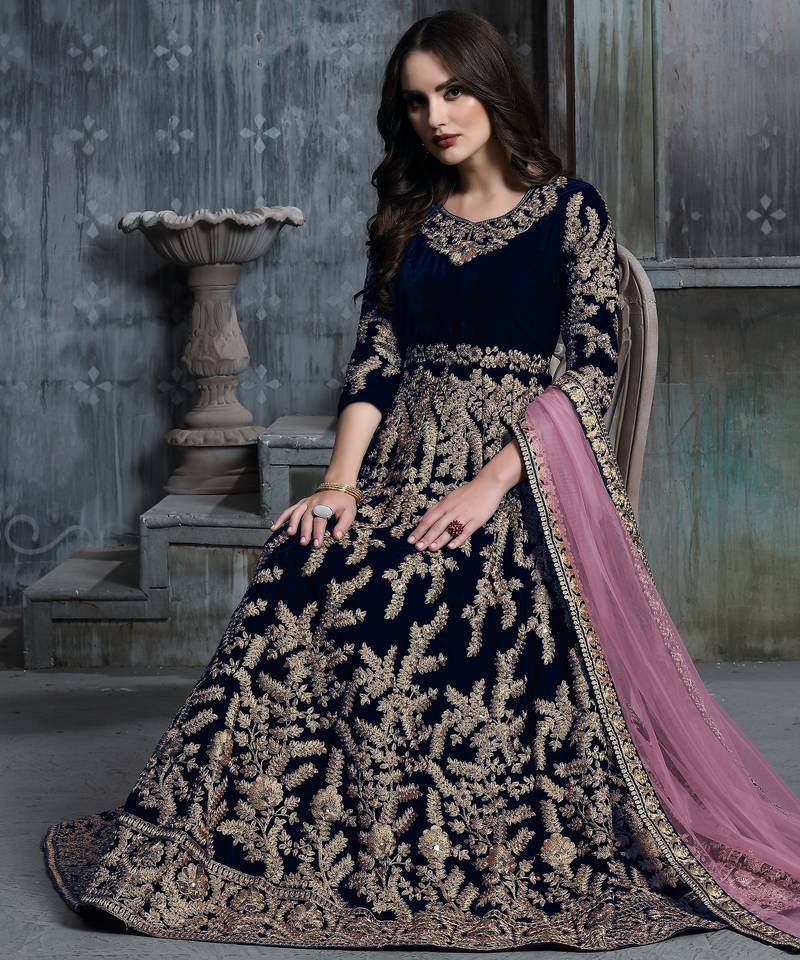 blue color semi stich cording work velvet anarkali gwon