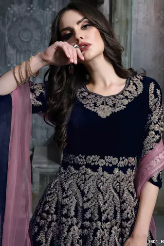 blue color semi stich cording work velvet anarkali gwon