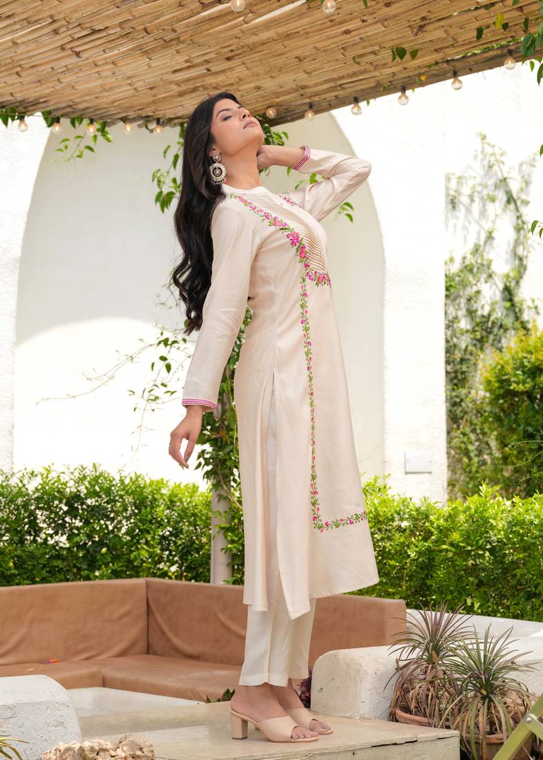Ivory Floral Resham Emrboidered A-Line Silk Kurta Set-2