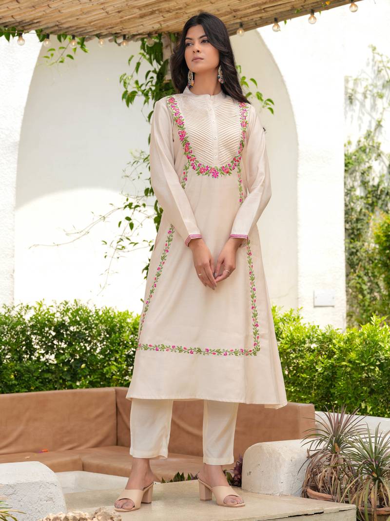 Ivory Floral Resham Emrboidered A-Line Silk Kurta Set-2