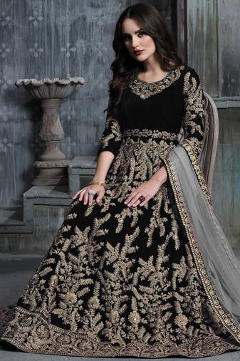 black colure cording work velvet anarkali gown