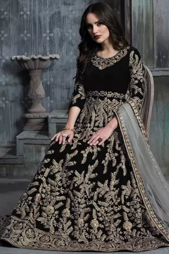 black colure cording work velvet anarkali gown