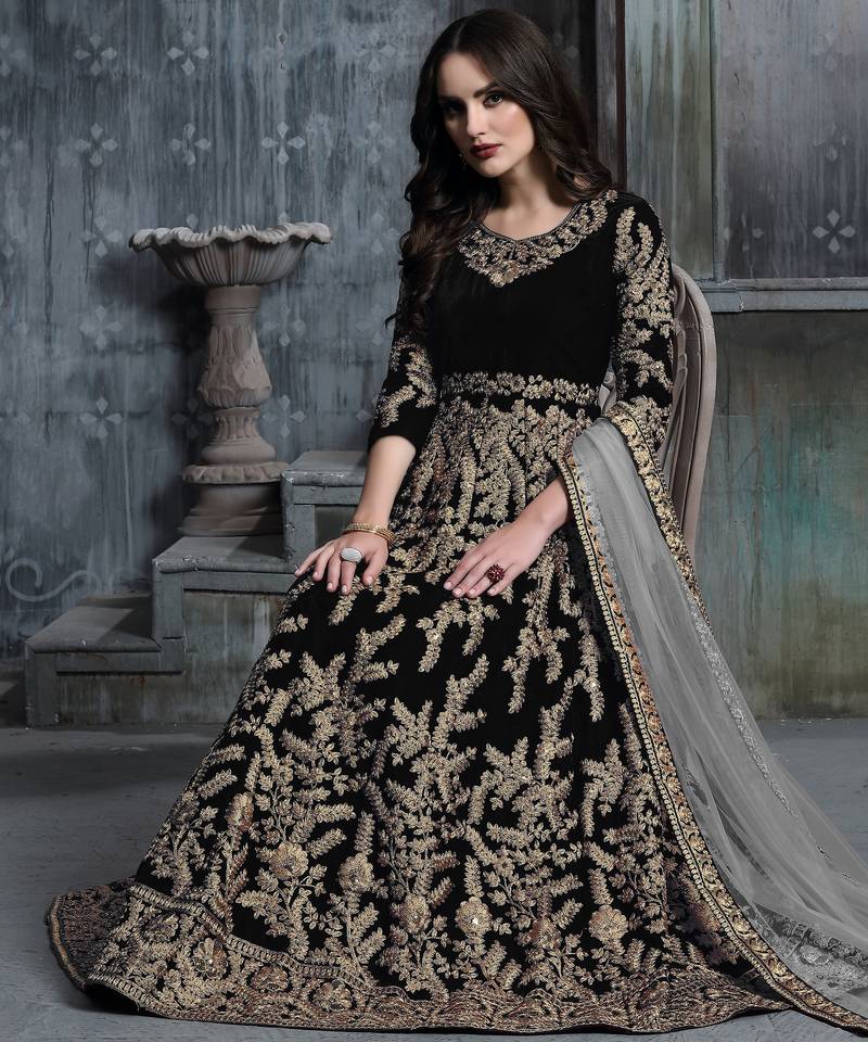 black colure cording work velvet anarkali gown