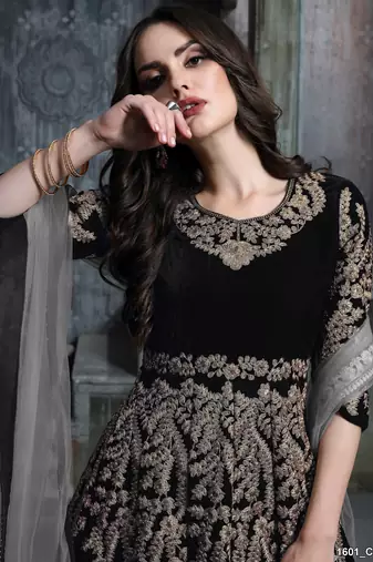 black colure cording work velvet anarkali gown