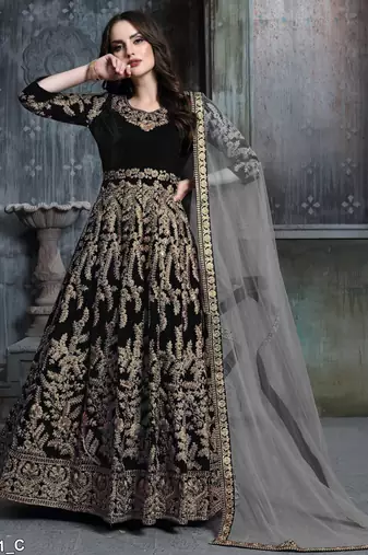 black colure cording work velvet anarkali gown
