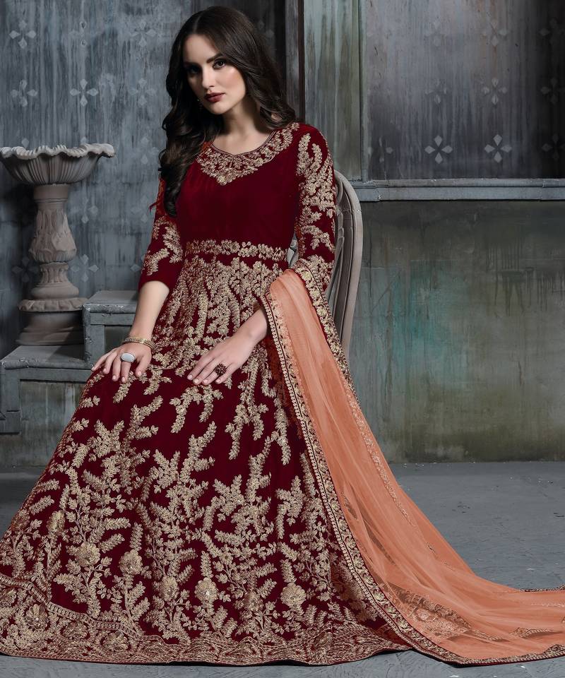 RED COLOR SEMI STICH VELVET GOWN