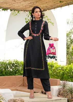 Black Floral Resham Emrboidered A-Line Silk Kurta Set - 2 1