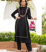 Black Floral Resham Emrboidered A-Line Silk Kurta Set - 2