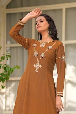 Mustard Rani Haar Hand Embroidered A-Line Kurta Set - 2 2