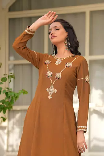 Mustard Rani Haar Hand Embroidered A-Line Kurta Set - 2