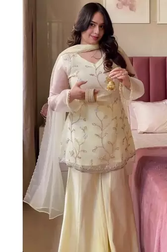 Off white embroidery crunchy georgette silk full stitched sharara palazzo suit set