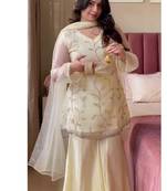 Off white embroidery crunchy georgette silk full stitched sharara palazzo suit set