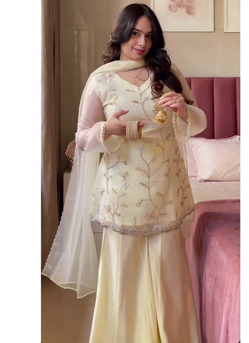 Off white embroidery crunchy georgette silk full stitched sharara palazzo suit set