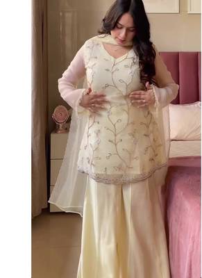 Off white embroidery crunchy georgette silk full stitched sharara palazzo suit set 2