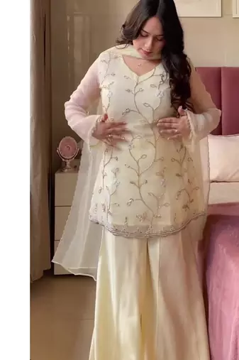 Off white embroidery crunchy georgette silk full stitched sharara palazzo suit set