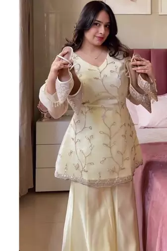 Off white embroidery crunchy georgette silk full stitched sharara palazzo suit set