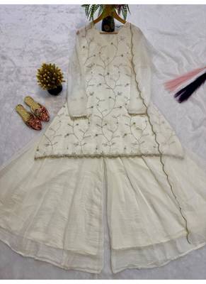 Off white embroidery crunchy georgette silk full stitched sharara palazzo suit set 4