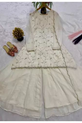 Off white embroidery crunchy georgette silk full stitched sharara palazzo suit set