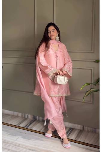 Baby pink embroidery gimmy silk full stitched farshi salwar suit set