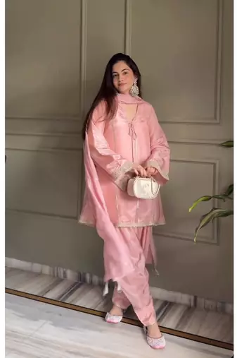 Baby pink embroidery gimmy silk full stitched farshi salwar suit set