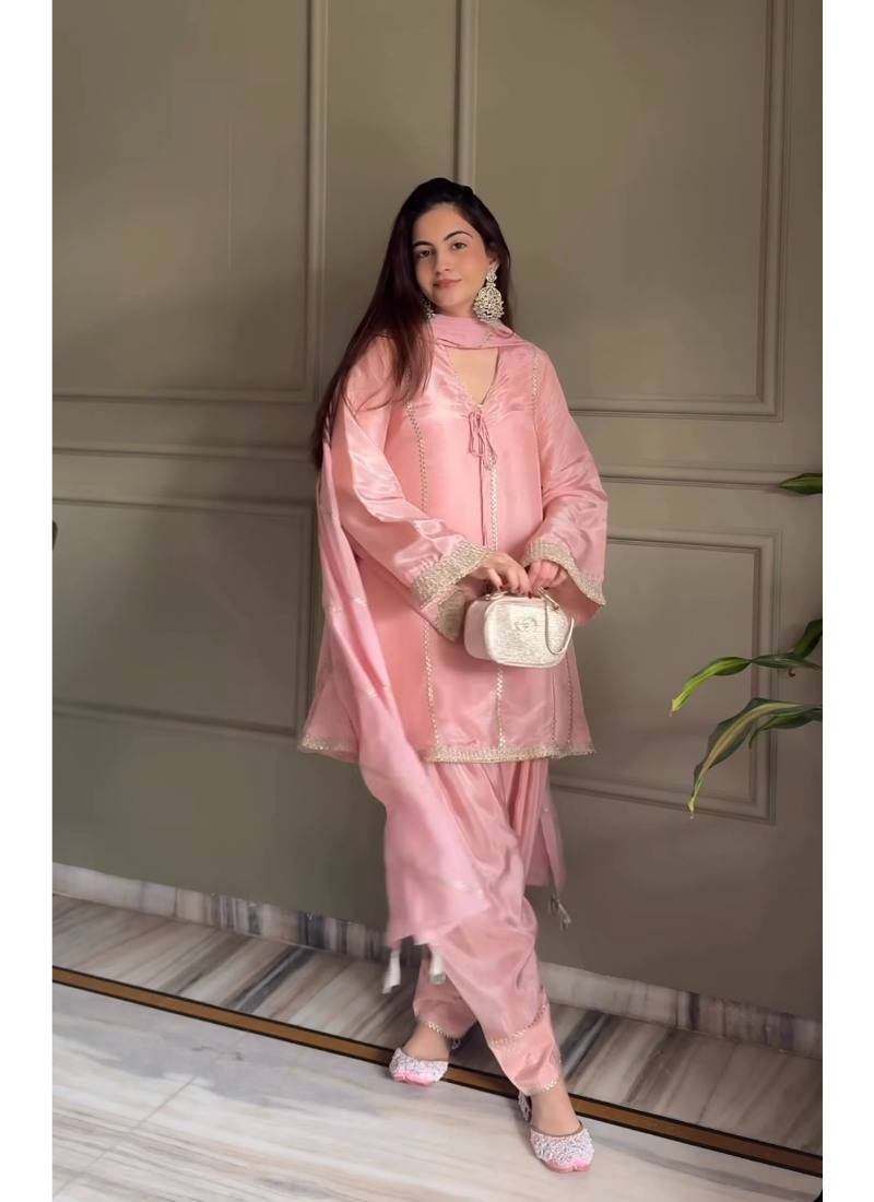 Baby pink embroidery gimmy silk full stitched farshi salwar suit set