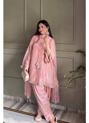 Baby pink embroidery gimmy silk full stitched farshi salwar suit set 2