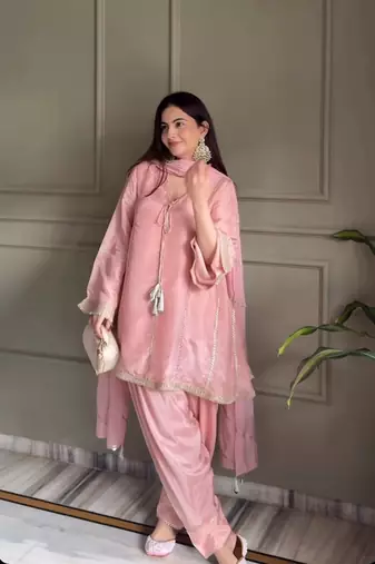 Baby pink embroidery gimmy silk full stitched farshi salwar suit set