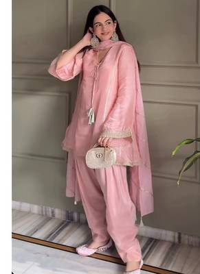 Baby pink embroidery gimmy silk full stitched farshi salwar suit set 3
