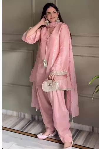 Baby pink embroidery gimmy silk full stitched farshi salwar suit set
