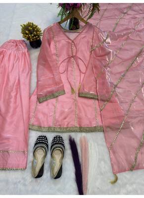 Baby pink embroidery gimmy silk full stitched farshi salwar suit set 4