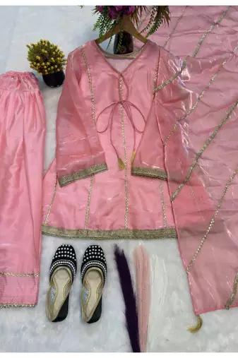 Baby pink embroidery gimmy silk full stitched farshi salwar suit set