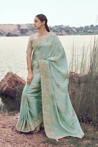 Light sky blue tissue silk with jaquard designer blouse wedding wear saree