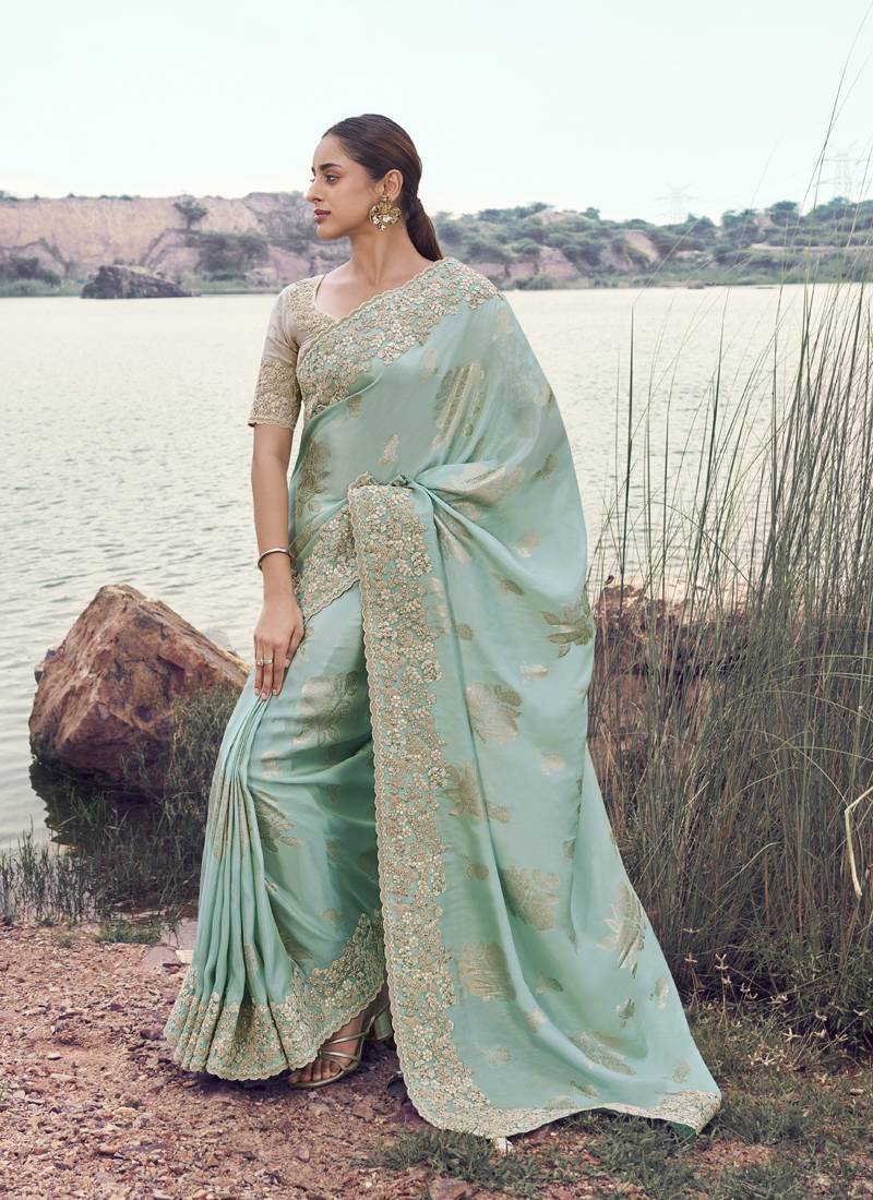 Light sky blue tissue silk with jaquard designer blouse wedding wear saree