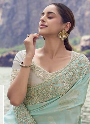 Light sky blue tissue silk with jaquard designer blouse wedding wear saree 2