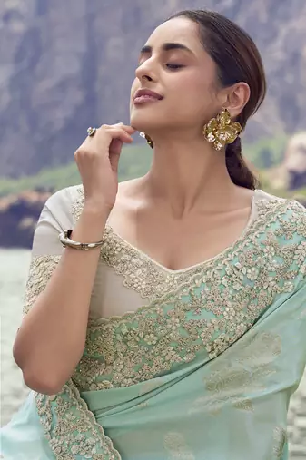 Light sky blue tissue silk with jaquard designer blouse wedding wear saree