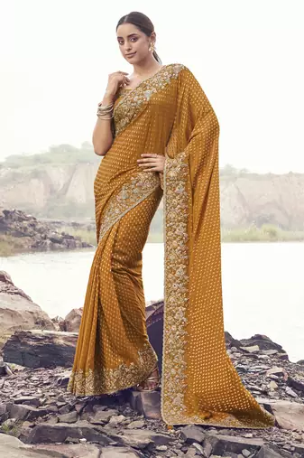 Mustard pure satin silk with jaquard designer blouse wedding wear saree