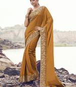 Mustard pure satin silk with jaquard designer blouse wedding wear saree