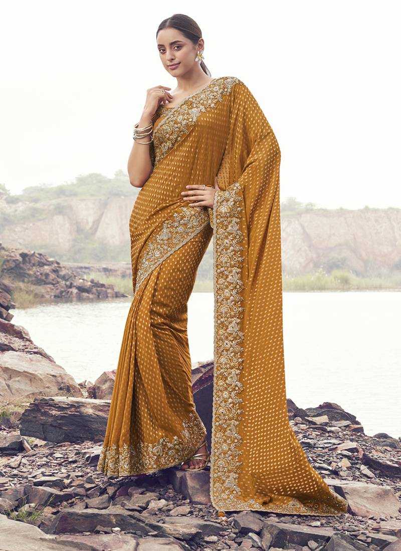 Mustard pure satin silk with jaquard designer blouse wedding wear saree